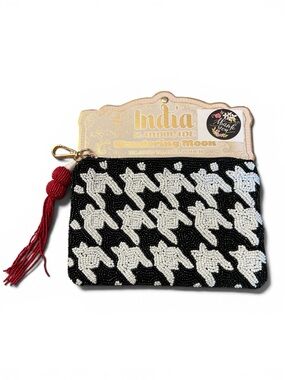Handmade India Black & White Beaded Clutch with Red Tassel